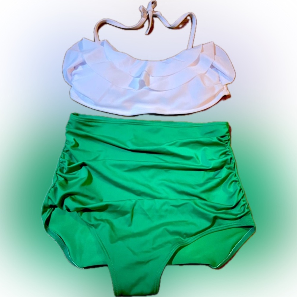 Retro High Waisted rushed Swimsuit Bottom with White ruffled Bandeau top. Size M